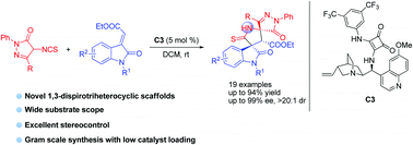 Graphical abstract: Enantioselective construction of dispirotriheterocycles featuring a 4-aminopyrazolone motif through a cascade Michael/cyclization process