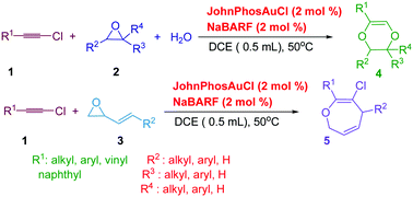 Graphical abstract: Au-Catalyzed intermolecular (3 + 2 + 1) and (5 + 2) cycloaddition for the synthesis of 1,4-dioxenes and 4,7-dihydrooxepines