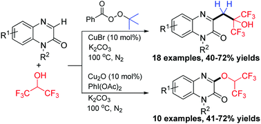 Graphical abstract: Copper-catalyzed chemoselective C–H functionalization of quinoxalin-2(1H)-ones with hexafluoroisopropanol