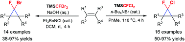Graphical abstract: TMSCFX2 (X = Cl, Br) as halofluorocarbene sources for the synthesis of halofluorocyclopropanes