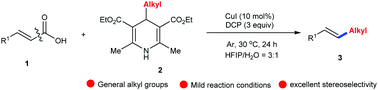 Graphical abstract: Copper-catalyzed oxidative decarboxylative alkylation of cinnamic acids with 4-alkyl-1,4-dihydropyridines