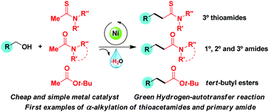 Graphical abstract: Nickel-catalyzed C-alkylation of thioamide, amides and esters by primary alcohols through a hydrogen autotransfer strategy