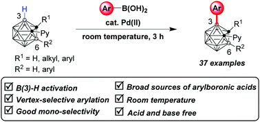 Graphical abstract: Palladium-catalyzed selective B(3)–H arylation of o-carboranes with arylboronic acids at room temperature