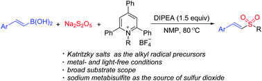 Graphical abstract: Deaminative metal-free reaction of alkenylboronic acids, sodium metabisulfite and Katritzky salts
