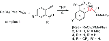 Graphical abstract: One-pot syntheses of rhena-2-benzopyrylium complexes with a fused metallacyclopropene unit