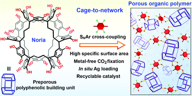 Graphical abstract: Porous noria polymer: a cage-to-network approach toward a robust catalyst for CO2 fixation and nitroarene reduction