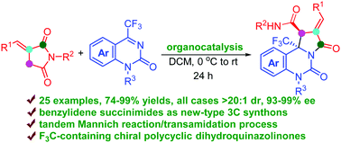 Graphical abstract: Benzylidene succinimides as 3C synthons for the asymmetric tandem Mannich reaction/transamidation of cyclic trifluoromethyl ketimines to obtain F3C-containing polycyclic dihydroquinazolinones