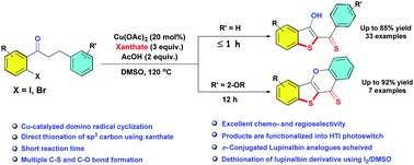 Graphical abstract: Copper-catalyzed domino synthesis of multi-substituted benzo[b]thiophene through radical cyclization using xanthate as a sulfur surrogate
