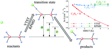 Graphical abstract: VTST and RPMD kinetics study of the nine-body X + C2H6 (X ≡ H, Cl, F) reactions based on analytical potential energy surfaces