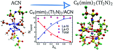 Graphical abstract: Unraveling the solvation geometries of the lanthanum(iii) bistriflimide salt in ionic liquid/acetonitrile mixtures