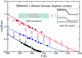 Graphical abstract: Molecular modelling techniques for predicting liquid–liquid interfacial properties of methanol plus alkane (n-hexane, n-heptane, n-octane) mixtures