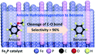 Graphical abstract: Hydrodeoxygenation of anisole to benzene over an Fe2P catalyst by a direct deoxygenation pathway