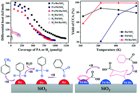Graphical abstract: Microcalorimetric adsorption and infrared spectroscopic studies of supported Pd, Ru and Pd–Ru catalysts for the hydrogenation of aromatic rings with carboxyl groups
