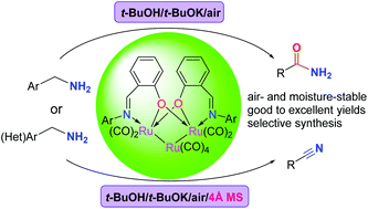 Graphical abstract: Aerobic oxidation of primary benzylic amines to amides and nitriles catalyzed by ruthenium carbonyl clusters carrying N,O-bidentate ligands