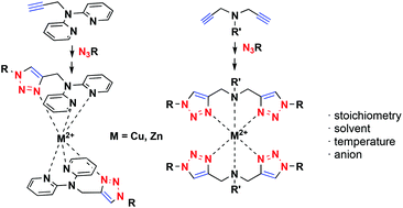 Graphical abstract: Copper(ii) and zinc(ii) complexes of mono- and bis-1,2,3-triazole-substituted heterocyclic ligands