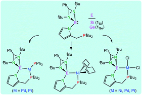 Graphical abstract: Phosphane-functionalized heavier tetrylenes: synthesis of silylene- and germylene-decorated phosphanes and their reactions with Group 10 metal complexes
