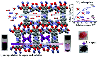 Graphical abstract: A porous Zn(ii)-coordination polymer based on a tetracarboxylic acid exhibiting selective CO2 adsorption and iodine uptake