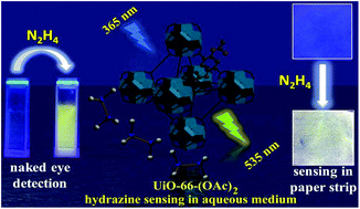 Graphical abstract: Rapid switch-on fluorescent detection of nanomolar-level hydrazine in water by a diacetoxy-functionalized MOF: application in paper strips and environmental samples