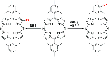 Graphical abstract: Site-selective halogenation on meso-mesityl substituents of 10,20-dimesityl-5,15-diazaporphyrins with an AuX3/AgOTf combination