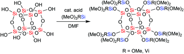 Graphical abstract: Treating octasilanol [Si8O12][OH]8 with tetramethoxysilane and trimethoxyvinylsilane: a halogen-free synthetic route to alkoxysilyl-substituted double-four-ring siloxanes