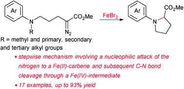 Graphical abstract: Iron-promoted dealkylative carbene aminocyclization of δ-arylamino-α-diazoesters