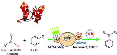 Graphical abstract: Cp*Co(iii) and Cu(OAc)2 bimetallic catalysis for Buchwald-type C–N cross coupling of aryl chlorides and amines under base, inert gas & solvent-free conditions