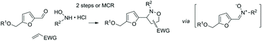 Graphical abstract: Dipolar cycloadditions of HMF-based nitrones: stepwise and multicomponent reactions, stereochemical outcome and structural scope