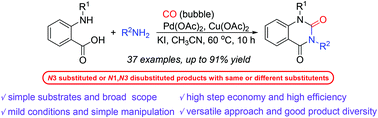 Graphical abstract: Pd(ii)-Catalyzed [4 + 1 + 1] cycloaddition of simple o-aminobenzoic acids, CO and amines: direct and versatile synthesis of diverse N-substituted quinazoline-2,4(1H,3H)-diones