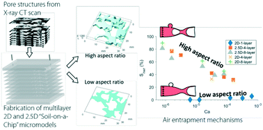 Graphical abstract: The effect of channel aspect ratio on air entrapment during imbibition in soil-on-a-chip micromodels with 2D and 2.5D pore structures