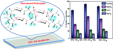 Graphical abstract: Probing the charged nature and ion-exclusion mechanism of fluorine-enriched non-ionogenic polyamide derived thin film composite nanofiltration membranes