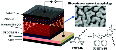 Graphical abstract: Polymer–quantum dot composite hybrid solar cells with a bi-continuous network morphology using the block copolymer poly(3-hexylthiophene)-b-polystyrene or its blend with poly(3-hexylthiophene) as a donor