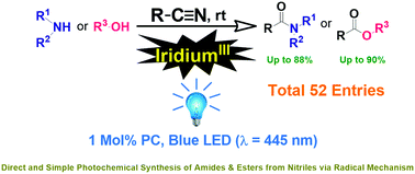 Graphical abstract: IrIII-Catalyzed direct syntheses of amides and esters using nitriles as acid equivalents: a photochemical pathway