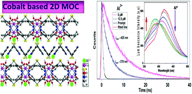 Graphical abstract: Dramatic luminescence signal from a Co(ii)-based metal–organic compound due to the construction of charge-transfer bands with Al3+ and Fe3+ ions in water: steady-state and time-resolved spectroscopic studies