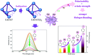 Graphical abstract: Iodine decorated-UiO-67 MOF as a fluorescent sensor for the detection of halogenated aromatic hydrocarbons