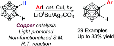 Graphical abstract: Light-promoted copper-catalyzed cage C-arylation of o-carboranes: facile synthesis of 1-aryl-o-carboranes and o-carborane-fused cyclics