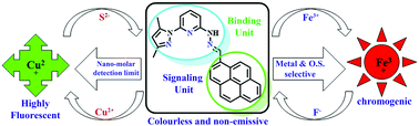 Graphical abstract: A nano-molar level fluorogenic and oxidation state-selective chromogenic dual reversible chemosensor for multiple targets, Cu2+/S2− and Fe3+/F− ions