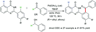Graphical abstract: The regioselective coupling of 2-arylquinazolinone C–H with aldehydes and benzyl alcohols under oxidative conditions
