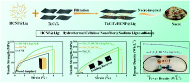 Graphical abstract: Nacre-inspired composite films with high mechanical strength constructed from MXenes and wood-inspired hydrothermal cellulose-based nanofibers for high performance flexible supercapacitors
