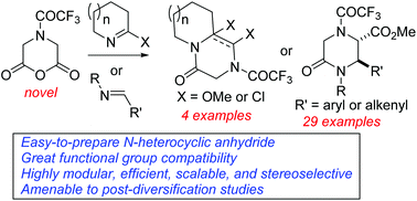 Graphical abstract: Direct access to vicinally functionalized and N-trifluoroacetylated (bicyclic)ketopiperazines using a readily affordable N-heterocyclic anhydride