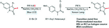 Graphical abstract: Photo-mediated synthesis of halogenated spiro[4,5]trienones of N-aryl alkynamides with PhI(OCOCF3)2 and KBr/KCl