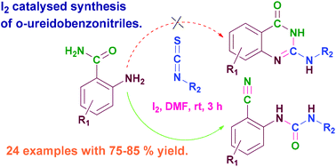 Graphical abstract: I2-Catalyzed transformation of o-aminobenzamide to o-ureidobenzonitrile using isothiocyanates