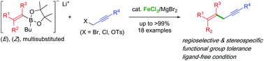 Graphical abstract: Regio- and stereoselective synthesis of 1,4-enynes by iron-catalysed Suzuki–Miyaura coupling of propargyl electrophiles under ligand-free conditions