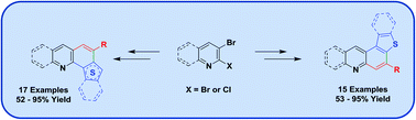 Graphical abstract: Synthesis of thieno[2,3-h]-/[3,2-h]quinolines and thieno[2,3-f] quinolines by Brønsted acid mediated cycloisomerisation