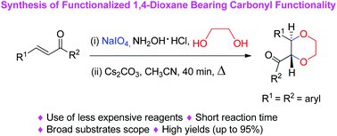 Graphical abstract: A practicable synthesis of 2,3-disubstituted 1,4-dioxanes bearing a carbonyl functionality from α,β-unsaturated ketones using the Williamson strategy