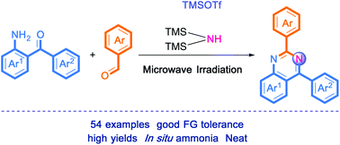 Graphical abstract: TMSOTf-catalyzed synthesis of substituted quinazolines using hexamethyldisilazane as a nitrogen source under neat and microwave irradiation conditions