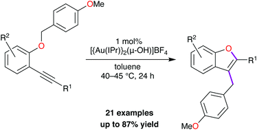 Graphical abstract: Gold(i)–NHC-catalysed synthesis of benzofurans via migratory cyclization of 2-alkynylaryl ethers