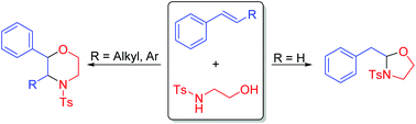 Graphical abstract: Divergent synthesis of oxazolidines and morpholines via PhI(OAc)2-mediated difunctionalization of alkenes