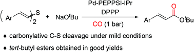 Graphical abstract: NHC ligand-powered palladium-catalyzed carbonylative C–S bond cleavage of vinyl sulfides: efficient access to tert-butyl arylacrylates