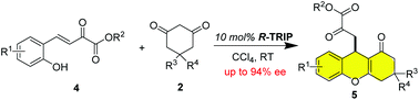 Graphical abstract: Asymmetric synthesis of 9-alkyl tetrahydroxanthenones via tandem asymmetric Michael/cyclization promoted by chiral phosphoric acid