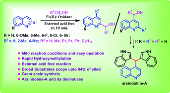 Graphical abstract: Hydroxymethylation of quinolines via iron promoted oxidative C–H functionalization: synthesis of arsindoline-A and its derivatives